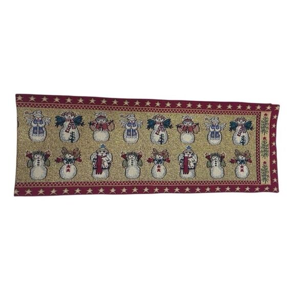 Vintage Christmas Tapestry Table Runner 72"x 13" Red Gold Snowman Angels Holiday - Picture 7 of 9